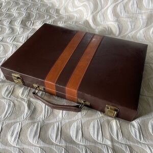 Vintage Backgammon Set Brown Faux Leather Carrying Case Striped Travel Game 15in